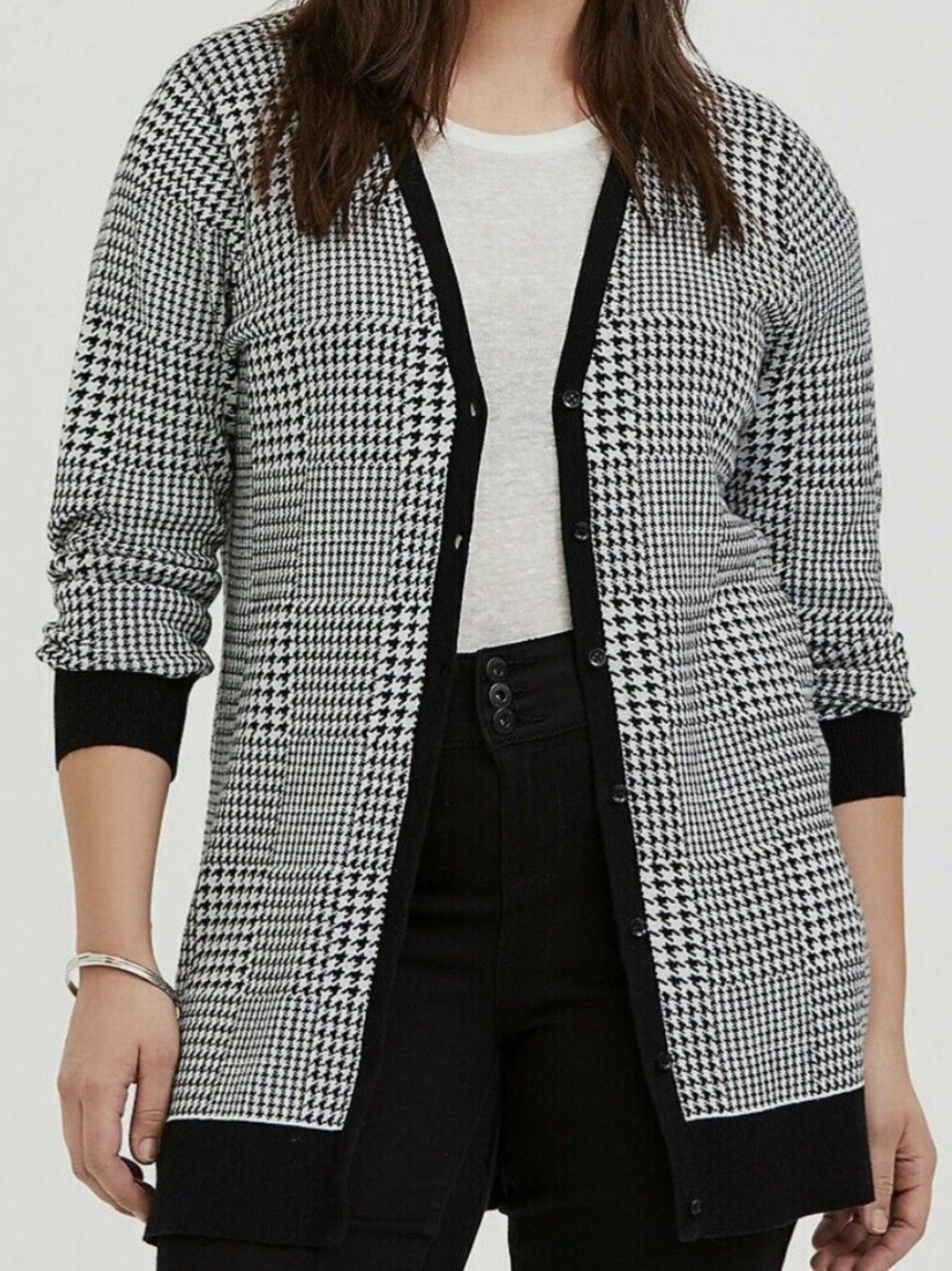 Torrid Slub Plaid Houndstooth V-Neck Long Cardigan
